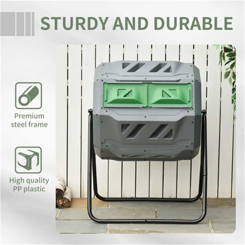 43 Gallon Dual Chamber Compost Tumbler With 360 Degree Rotation And 16 Aeration Vents for backyard garden composting, front view