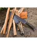 Camp 10 Machete 10 Inch Recurve Fixed Blade, Full Tang, 65Mn Carbon Tool Steel, Tan Handle, shown with wood for yard work