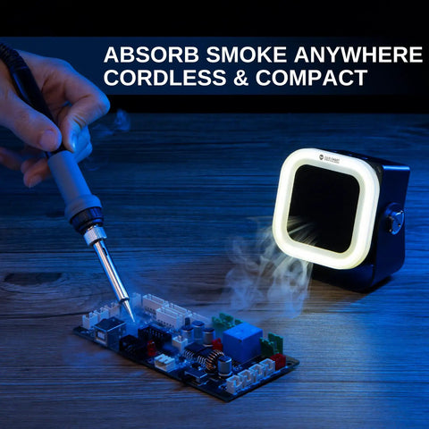 Hella Smooth Mini Solder Fume Extractor Featuring Three Speed Brushless Motor And Premium Activated Carbon Filter for smoke absorption while soldering.