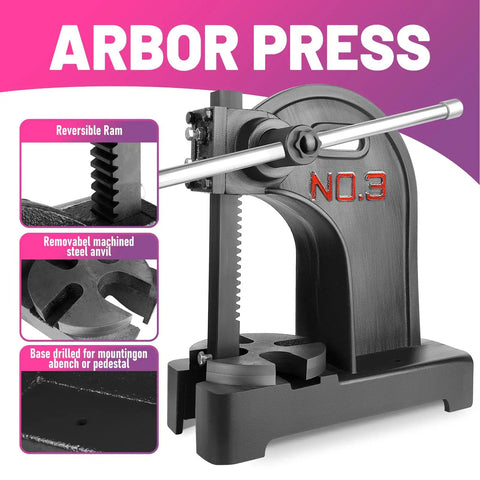 Heavy Duty 3 Ton Manual Arbor Press with reversible ram and removable steel anvil, designed for precision metal forming.