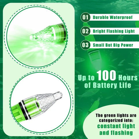 Infographic showing features of 8 Pack Underwater Fishing Lights Green LED Deep Drop Night Fishing Set, durability and battery life.