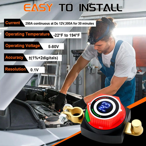 Upgraded Battery Disconnect Switch With Bright Digital Voltage Meter And Tailgate Ready Kill Isolator For Auto Rv Truck Marine Negative Terminal Battery Shield being installed in a vehicle engine compartment.