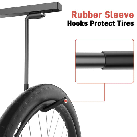 Close-up of a ceiling bike rack hook with rubber sleeve shown holding a bicycle tire, part of Ceiling Bike Rack For Garage And Home Storage Hang Indoor Bicycles Up To Two Horizontally Or Four Vertically With Adjustable Hooks 25 Inch Durable Steel Construction Rust Resistant Space Saving.