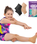 Young girl wearing Elastic Ankle Support Sleeve For Men And Women, Easy Slip On Foot And Ankle Brace For Gymnastics, Running, Dance, Sports, And Sprained Ankle Swelling, Lightweight Latex Free Beige Small, Breathable Compression For Pain Relief And Recovery, sitting with outstretched legs.