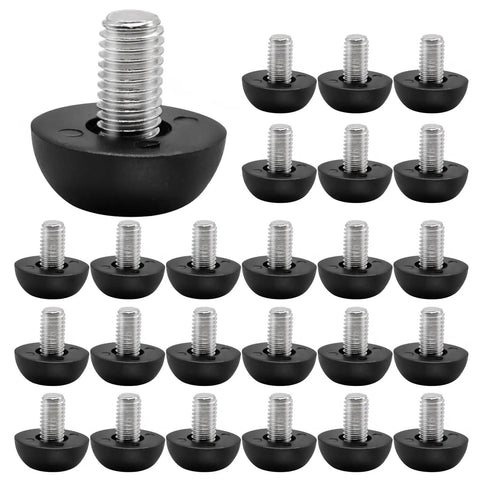 25 Pack Adjustable M8 Furniture Leg Levelers featuring durable stainless steel bodies and cushioned nylon bases displayed.