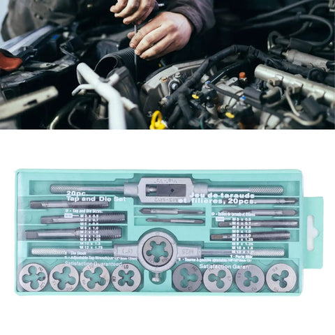 Zoeyilan 20 Piece Tap And Die Set Tool Steel Thread Repair Kit For Car Auto Body Diy Aluminum Cast Iron M3 To M12 Sizes With Storage Box, shown in case