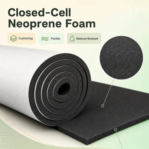 Heavy Duty Neoprene Foam Sheet With Knockout Grip Adhesive Backing For Straight Up Tough Shock Absorption And Slick Weather Seal Cuts Clean To Fit Any Garage Or Workshop Setup Today, rolled and flat pieces showcasing flexible closed-cell design.