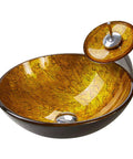 USZWBY Bathroom Vessel Sink,Tempered Glass Yellow Art Basin Round Bowl, 16.5" Bathroom Sinks with Waterfall Faucet and Pop Up Drain,Countertop Installation with a glossy yellow finish.
