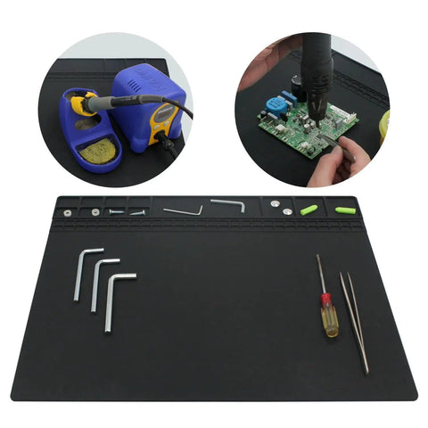 Heat Resistant Soldering Mat Silicone Repair Workbench Pad 932 F For Electronics Repair, showing tools and soldering station, 16x12 inch, Black.