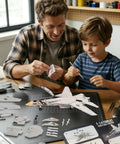 Father and son assembling 1 72 Scale Fighter Jet Model Kit With Snap Fit Assembly Movable Wings Open Engine Cowl And Stand