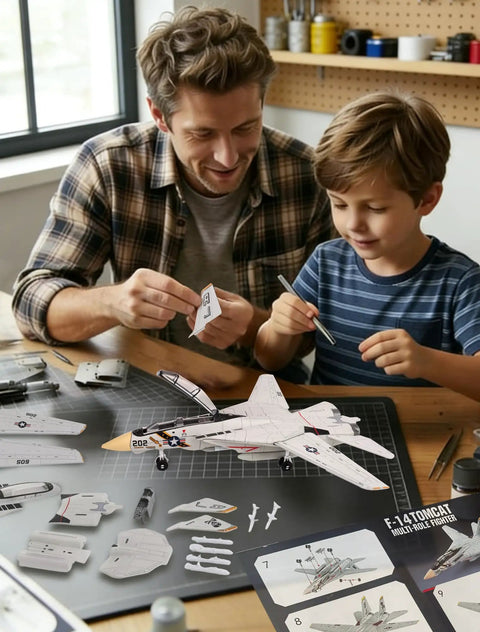 Father and son assembling 1 72 Scale Fighter Jet Model Kit With Snap Fit Assembly Movable Wings Open Engine Cowl And Stand