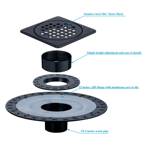 Exploded view of Shower Floor Drain With 12 Inch Flange In Matte Black ABS Construction showing assembly layers.