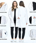 Two people wearing Unisex Lab Coat 35 Inch White Medical Coat With Notched Collar, Four Button Front, showing pockets and collar.