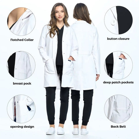 Two people wearing Unisex Lab Coat 35 Inch White Medical Coat With Notched Collar, Four Button Front, showing pockets and collar.
