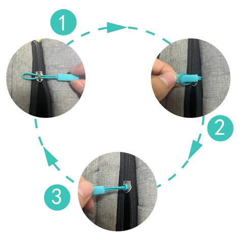 Step-by-step process attaching 120Pcs Zipper Extension Replacement Pulls Zipper Tabs For Backpacks Luggage And Jackets Repair Kit In 12 Colors