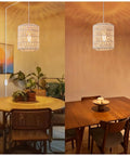 Super Easy Plug In Rattan Pendant Light With 15Ft Cord And Smooth Dimmer Switch Handwoven White Wicker Shade illuminating dining spaces.