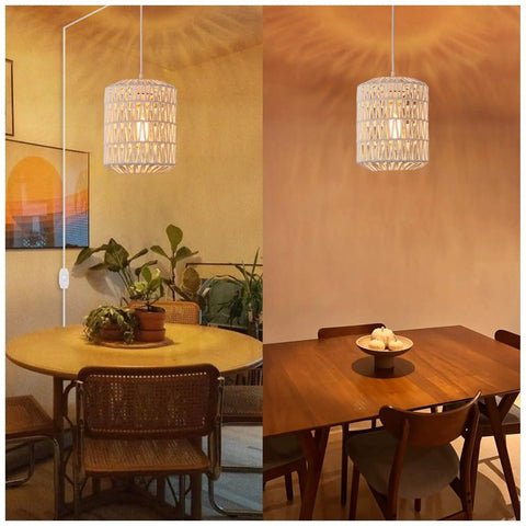 Super Easy Plug In Rattan Pendant Light With 15Ft Cord And Smooth Dimmer Switch Handwoven White Wicker Shade illuminating dining spaces.