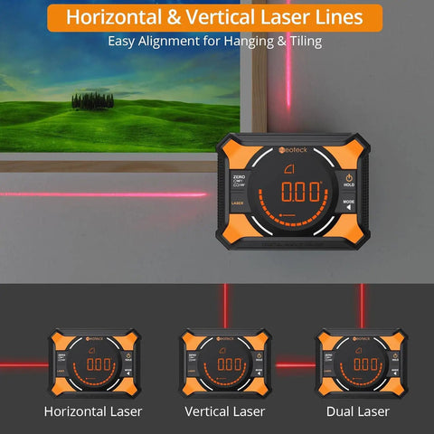 Dual Laser Digital Angle Finder With LED Display, Handy Pro Grade Inclinometer For Woodworking And Construction, Versatile 4 By 90 Degrees Or 2 By 180 Degrees Range, Accuracy About 0.1 To 0.2 Degrees, Class 2 Safe Output showing horizontal and vertical laser lines