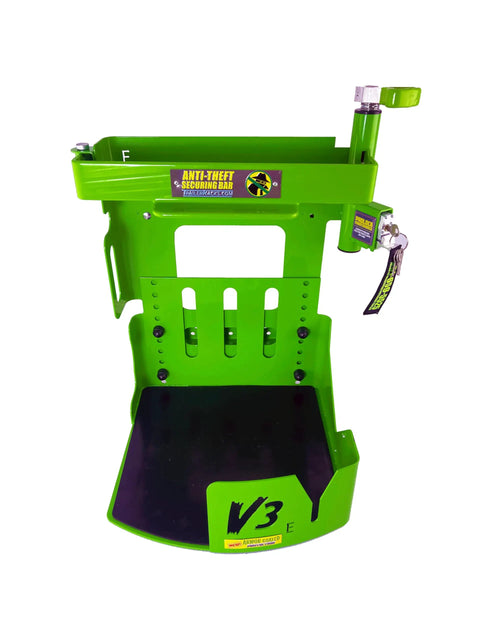 Front view of Xtreme Pro Series Backpack Blower Rack Version 3 with shielded locking system, UV powder coat finish, green steel frame