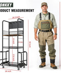 Garage Fishing Rod Storage Rack With Pegboard Hooks Three Tier Anti Drop Design Up To Ten Rods Lockable Wheels No Fuss Heavy Duty Tackle Gear Organizer Ideal For Tackle Storage And Organization Of Baits Reels And Accessories next to a person for size comparison with specific product measurements.
