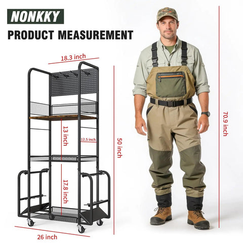 Garage Fishing Rod Storage Rack With Pegboard Hooks Three Tier Anti Drop Design Up To Ten Rods Lockable Wheels No Fuss Heavy Duty Tackle Gear Organizer Ideal For Tackle Storage And Organization Of Baits Reels And Accessories next to a person for size comparison with specific product measurements.