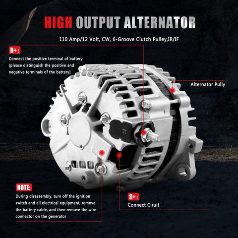 110 Amp 12V High Output Alternator Replacement For 2002 2006 Nissan Altima And Sentra 2.5L Direct Fit CW Rotation 6 Groove Clutch Pulley IR Regulator Premium Quality, side view with labeled parts