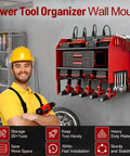 Wall Mounted Power Tool Organizer With Charging Station Heavy Duty 3 Layer Tool Storage Rack With 4 Cordless Drill Holders And Battery Dock Featuring An 8 Outlet Power Strip Pro Grade Gear For Garage Workshop Warehouse installed on wall