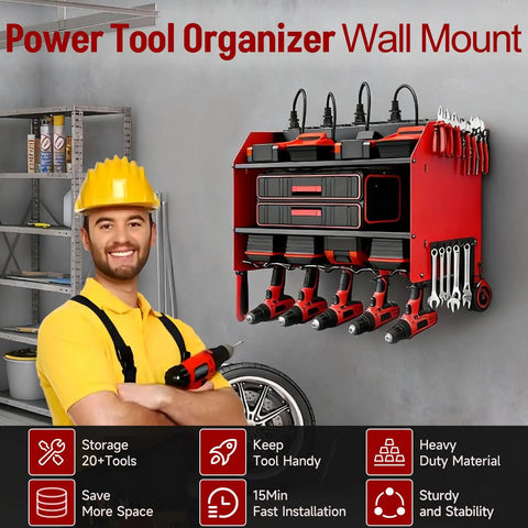 Wall Mounted Power Tool Organizer With Charging Station Heavy Duty 3 Layer Tool Storage Rack With 4 Cordless Drill Holders And Battery Dock Featuring An 8 Outlet Power Strip Pro Grade Gear For Garage Workshop Warehouse installed on wall