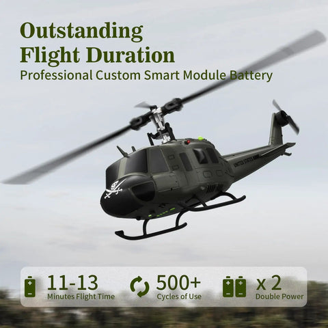 UH-1 Huey RC Helicopter With Auto Hover Dope Collectible 1/27 Scale Desk Model flying with detailed rotor blades in sky