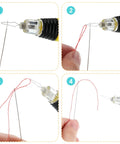 Steps showing use of LED Needle Threader Set With Lighted Wire Loop For Sewing 2 Pack Illuminated Threading Tool for easy threading