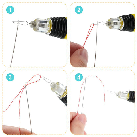Steps showing use of LED Needle Threader Set With Lighted Wire Loop For Sewing 2 Pack Illuminated Threading Tool for easy threading
