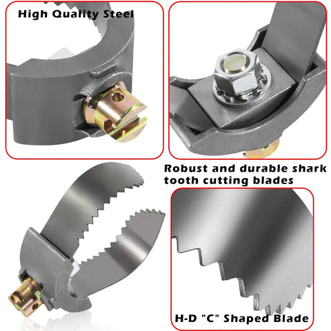 Close-up view of Heavy Duty Three Inch Cable Coupler Cutter Compatible With Ridgid K400 Drum and K50 Sectional Machines, showcasing steel blades.