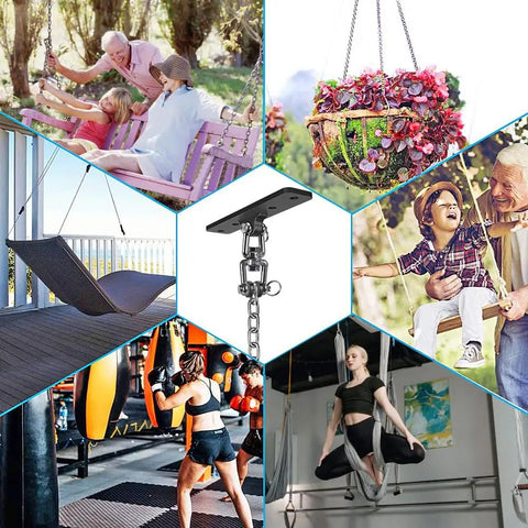 Collage of Heavy Duty Hammock Chair Hardware Kit uses with Chain and Swivel, 360 Degree Rotation, 600 Lb Capacity, Indoor Outdoor