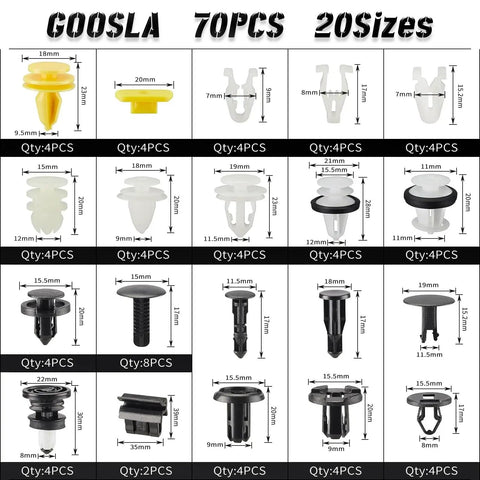 Tesla 70 Pcs Clips Fasteners Rivet Clips Kit For Bumper Fender Liner Interior Exterior Body Replacement With 20 sizes shown