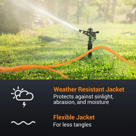 Orange Outdoor Extension Cord 100 Ft Waterproof Heavy Duty 16/3 SJTW Flexible Copper 3 Prong in lawn with sprinkler system