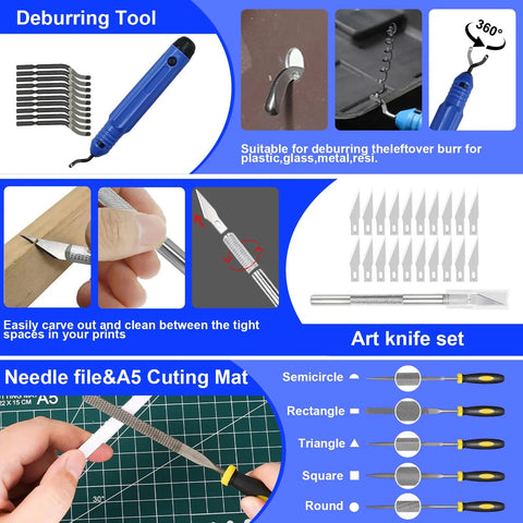 135-piece 3D printer tools kit with deburring tool, blade set, nozzle cleaner, and case