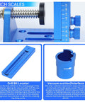 Close-up of Pocket Hole Jig Kit With Adjustable Drill Guide and Stop Collars, shown with inch scales and vacuum connector.