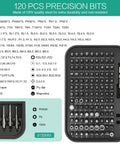 130 In 1 Magnetic Precision Screwdriver Kit With 120 Bits And 3 Extra Length Bits showcasing organized CRV steel bits layout