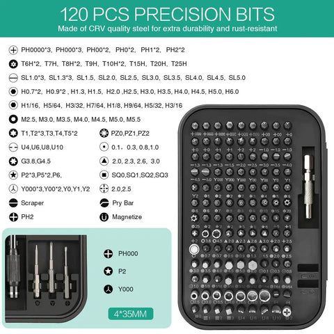 130 In 1 Magnetic Precision Screwdriver Kit With 120 Bits And 3 Extra Length Bits showcasing organized CRV steel bits layout