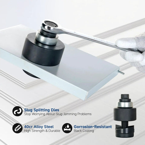 Heavy Duty Manual Ratchet Knockout Hole Punch Kit with dies and wrench, showing slug splitting on metal panel.
