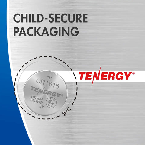 Top Shelf CR1616 3V Lithium Coin Cell Batteries 5 Pack Ready To Go Button Cells in child-secure packaging with TENERGY logo.