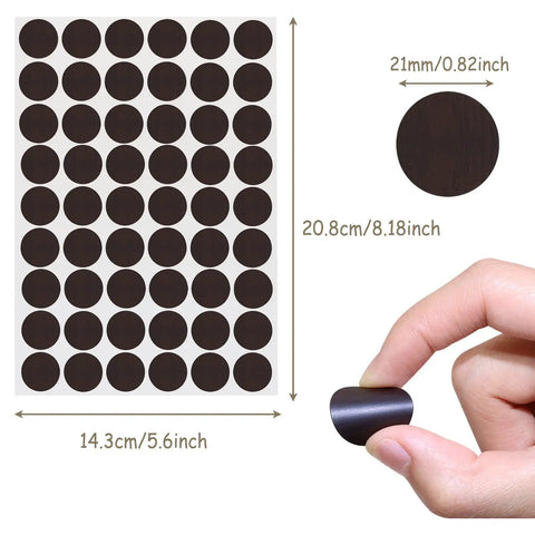 Top Notch 108 Piece Self Adhesive Screw Hole Plugs 20Mm Black Walnut Wood Grain Finish For Furniture Cabinet Wardrobe Desk Decorative Hidden Cap Covers No Sweat Setup, 21mm round sizes displayed.