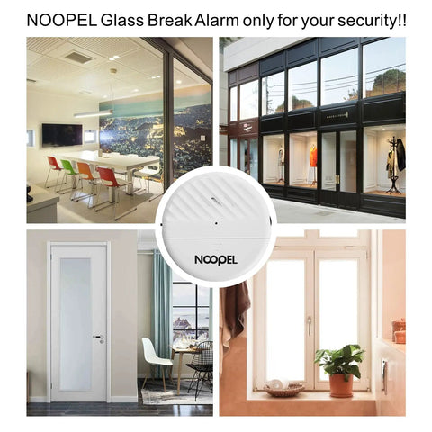 5 Pack Glass Break Alarm Sensor For Home Security, 125dB Window Alarm With Adjustable Sensitivity And Low Battery Indicator, Easy Install, Heavy Duty Anti Theft Protection For Windows And Glass, white round sensor on glass