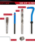 3/8-16 Helicoil Thread Repair Kit with HSS Drill Bit, thread inserts, installation tool, screw taps, and break-off tool displayed.