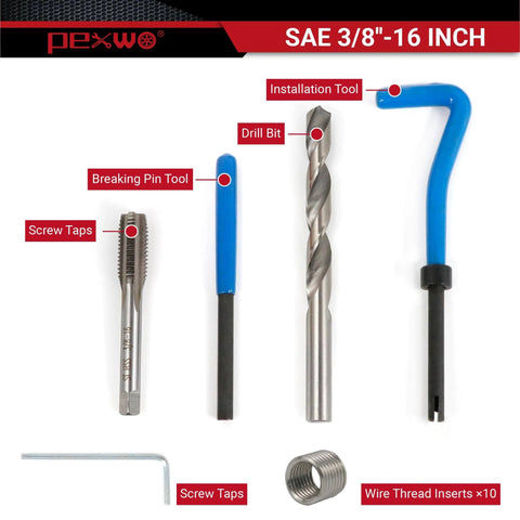 3/8-16 Helicoil Thread Repair Kit with HSS Drill Bit, thread inserts, installation tool, screw taps, and break-off tool displayed.