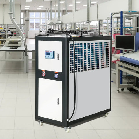 Heavy Duty Industrial Water Chiller Featuring Rapid Air Cooled Setup And Slick Temperature Regulation With Six Horsepower Auto Pump And Stainless Steel Reservoir Tank in production facility.