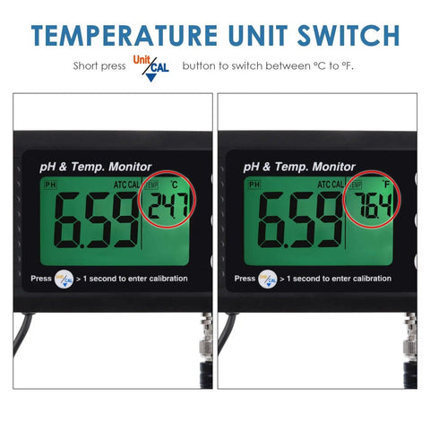 2 In 1 pH And Temperature Monitor Kit With BNC Probe Auto Buffer Recognition 0 To 14 pH Range showing temperature in Celsius and Fahrenheit