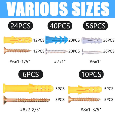 Various sizes of anchors and screws from 136 Piece Drywall Anchors And Screws Set With Plastic Expansion Anchors And Philips Flat Head Wood Screws
