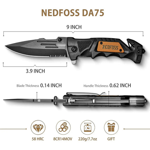 Pocket Folding Knife For Men 3 Point 9 Inch Survival Tool With Liner Lock Belt Clip Seat Belt Cutter Glass Breaker Serrated Blade EDC Ready Outdoor Hunting Knife Camping Hiking Tactical Gear with measurements and brand logo