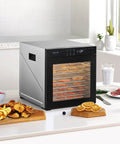 Straight Up Top Shelf Electric Food Dehydrator With 10 Stainless Steel Trays at 113F for drying fruits and meats.